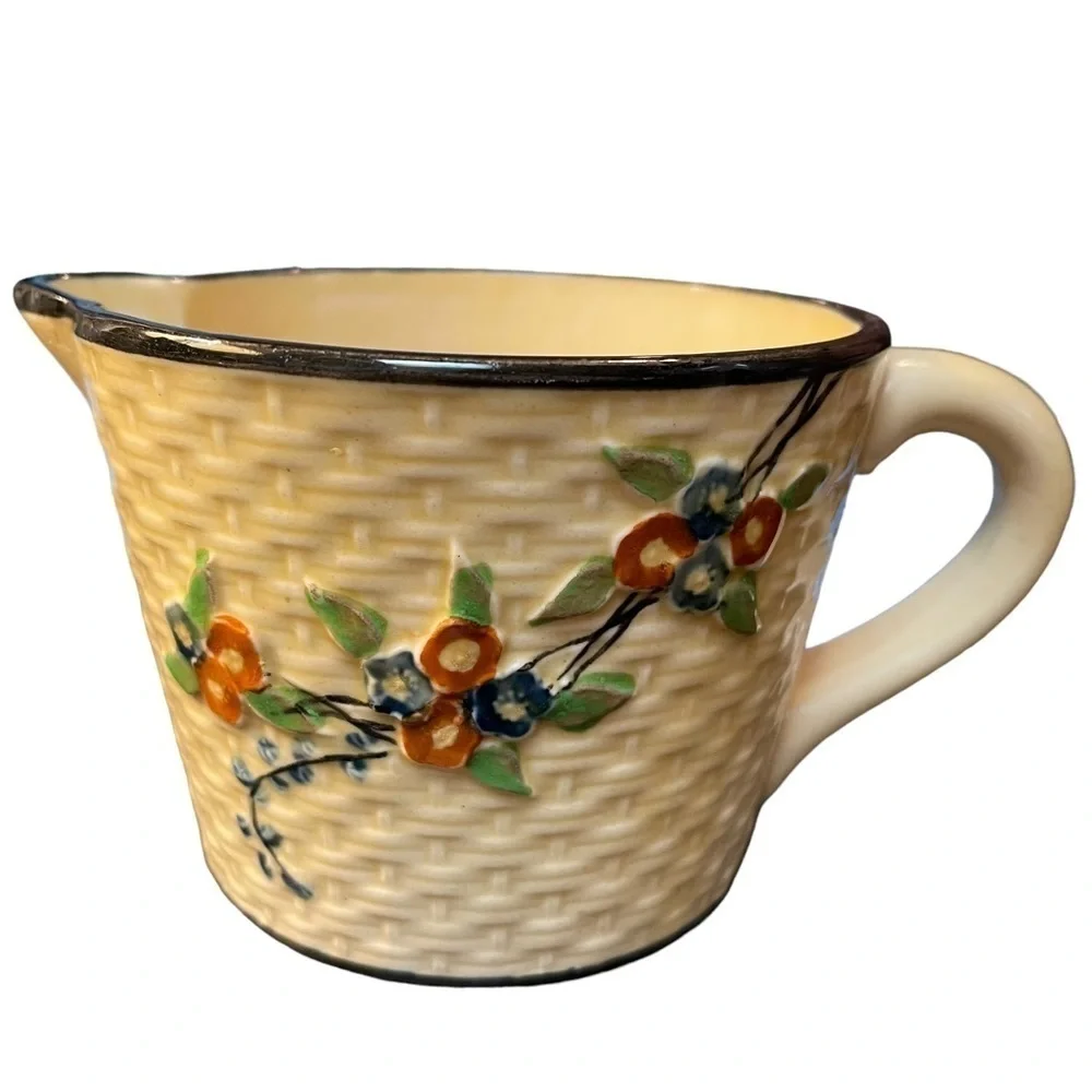 VTG Antique 20s Hotta Yu Shoten‎ Japanese Majolica Basketweave Creamer Pitcher
